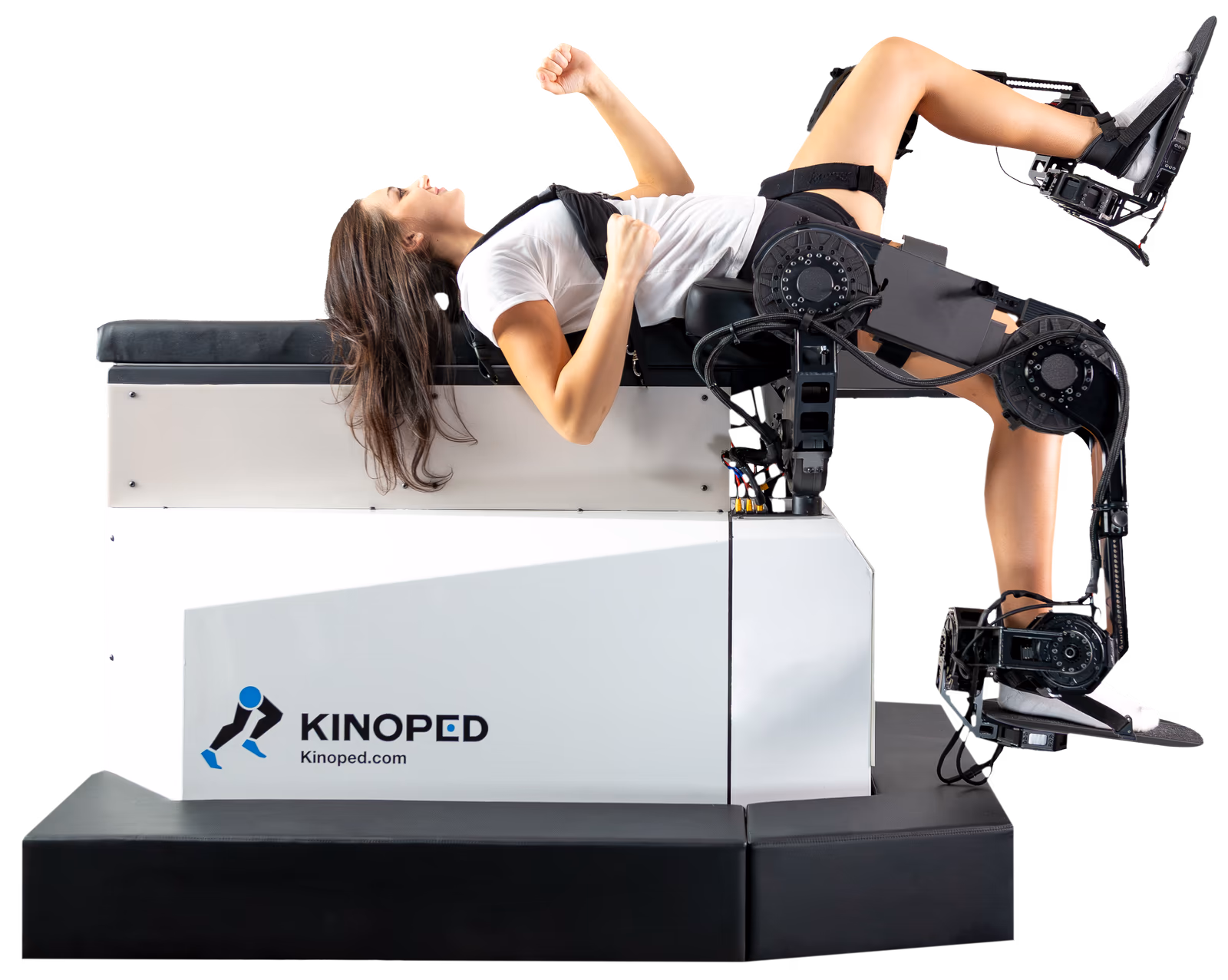 A subject secured to the Kinoped Ambulatory Assessment System, both legs driven by the robotic actuators