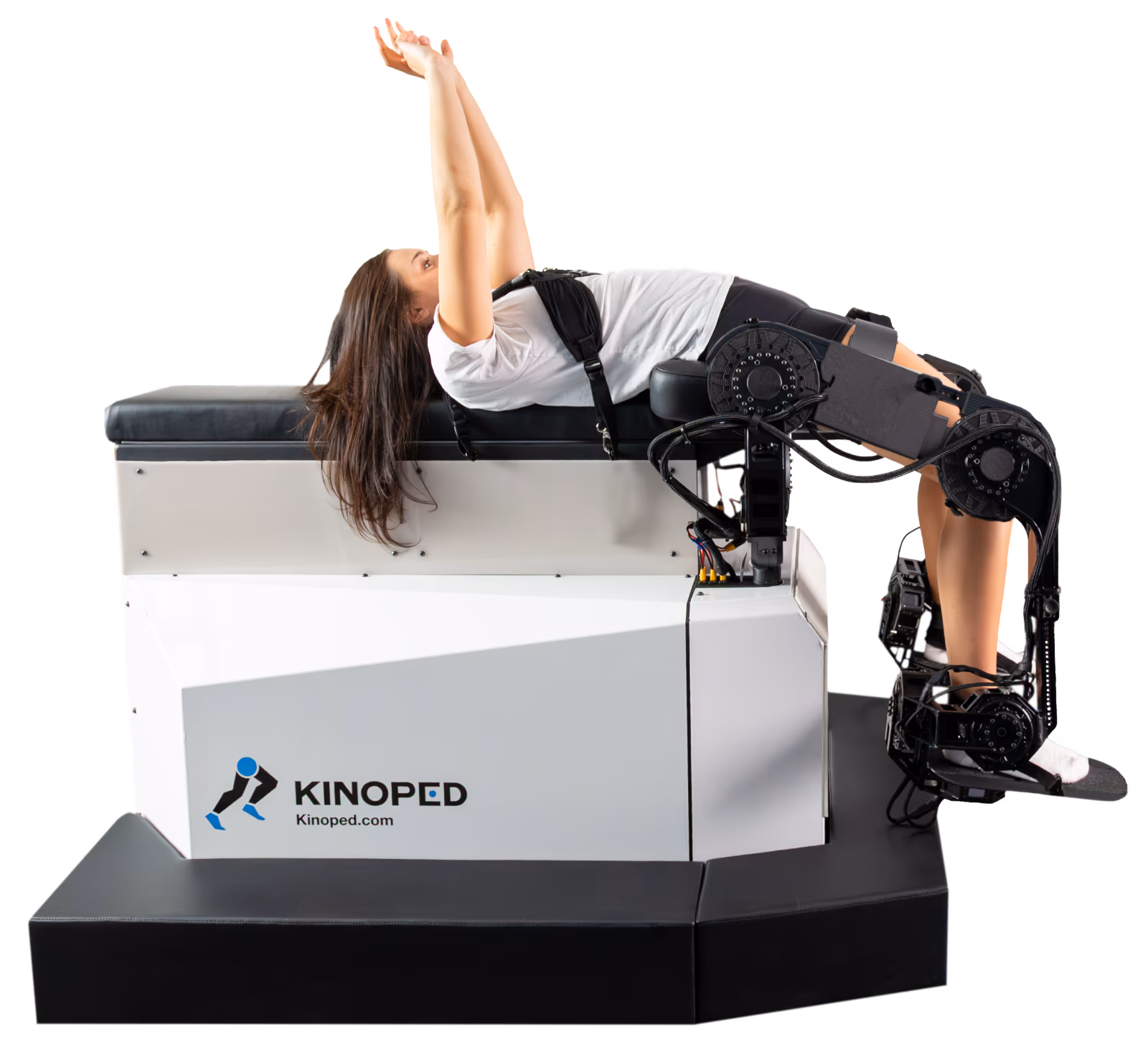 A subject on the Kinoped with both legs driven through distinct multi-planar positions at once
