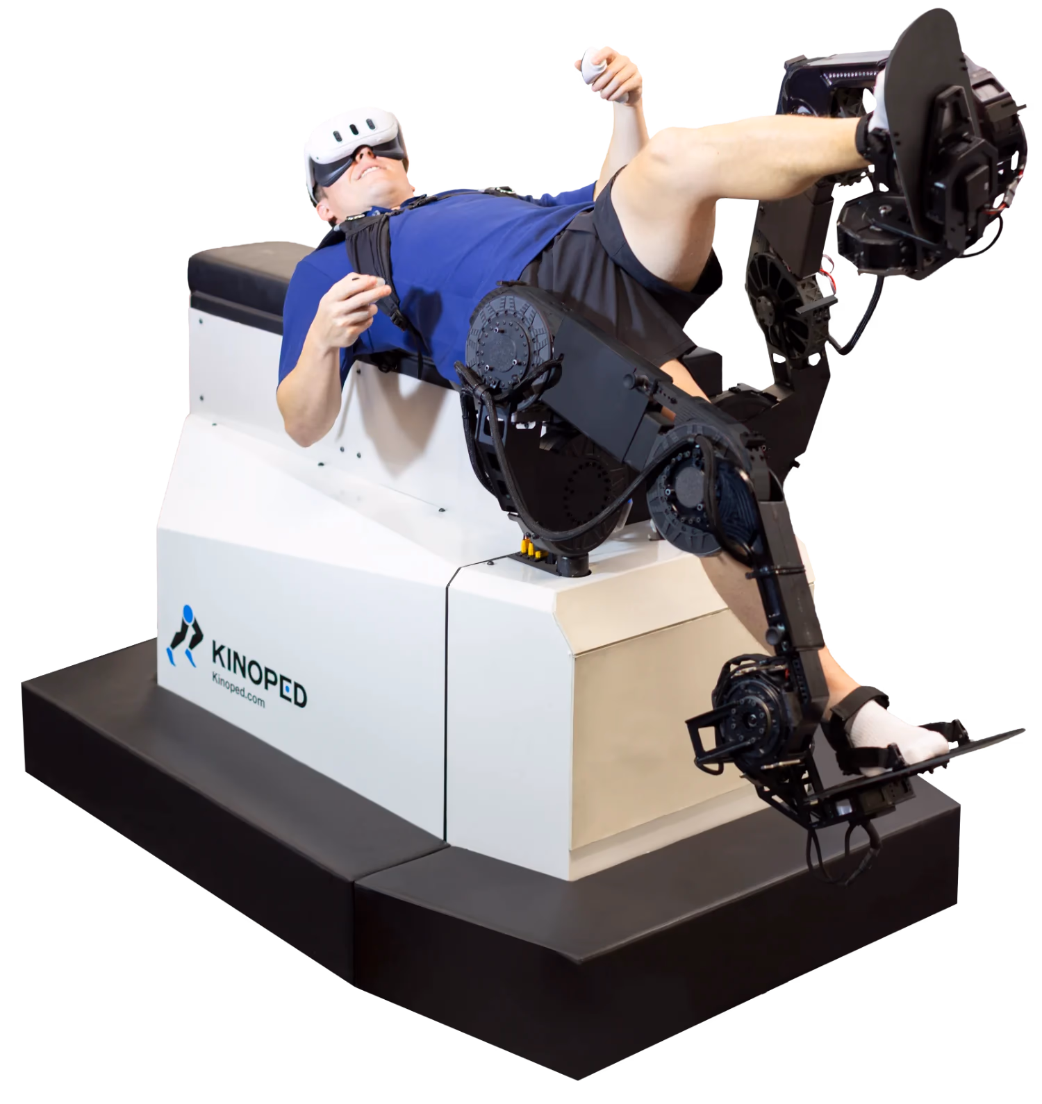 A subject wearing a VR headset while training on the Kinoped