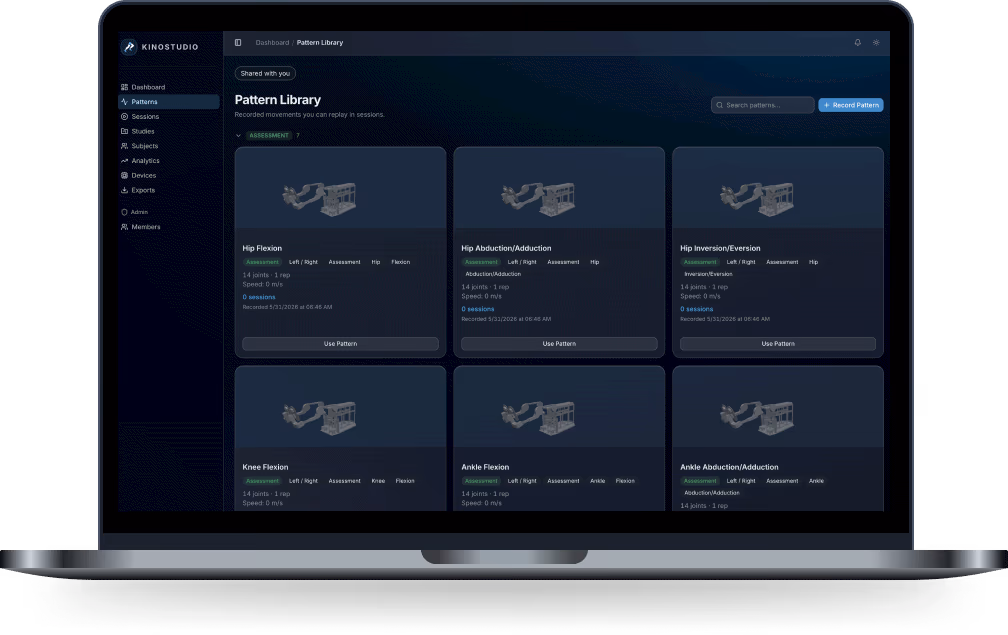 The KinoStudio dashboard on a MacBook Pro, showing active sessions, patterns, subjects and recent session records