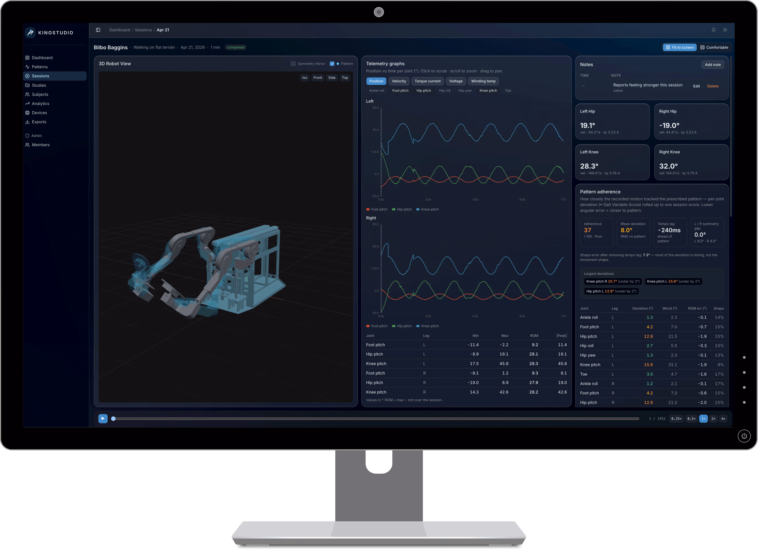 The KinoStudio Pattern Library on a desktop monitor, showing assessment movement patterns such as Hip Flexion, Hip Abduction/Adduction and Hip Inversion/Eversion